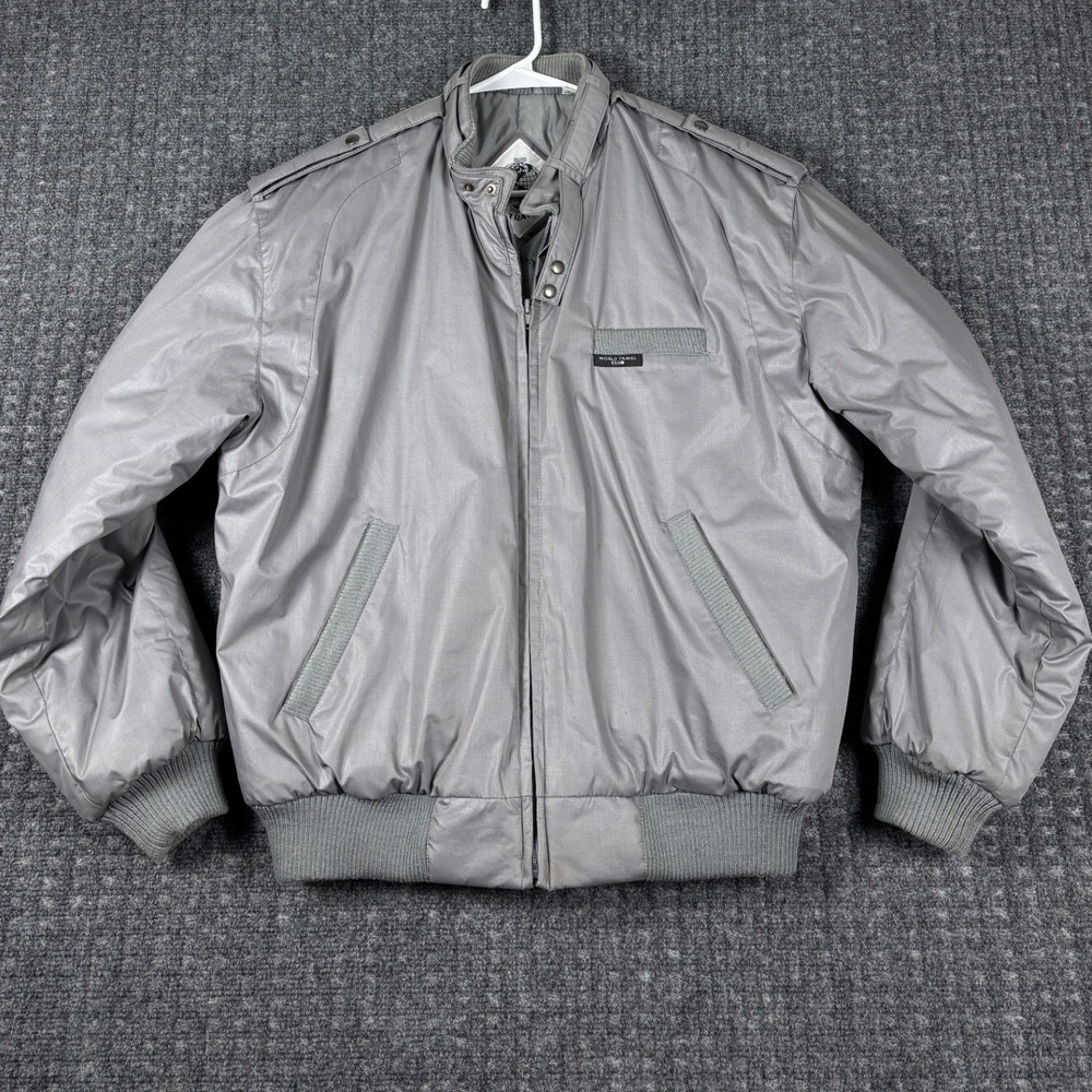 World Travel Club Vintage Bomber Jacket Quilted Lined Full Zip Gray Medium